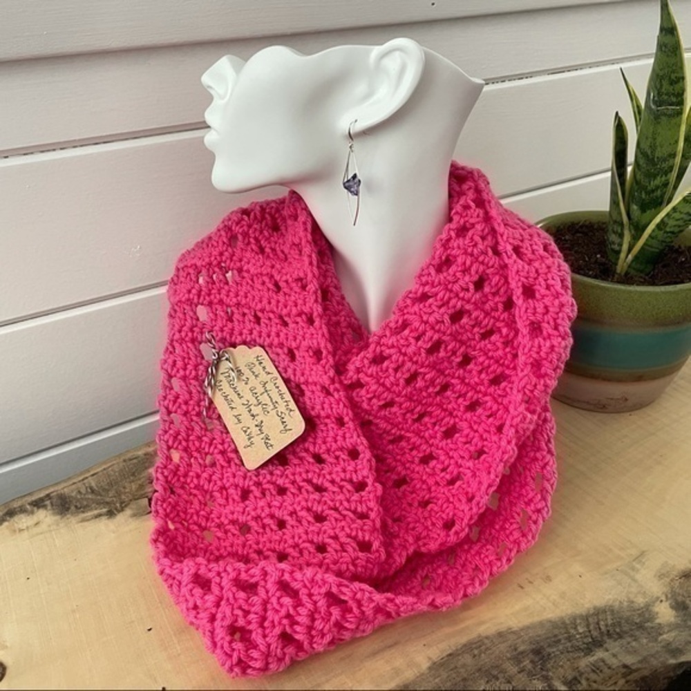$49 SALE Handmade Neon Chunky Knit Infinity Scarf Hot Pink Crochet Retro